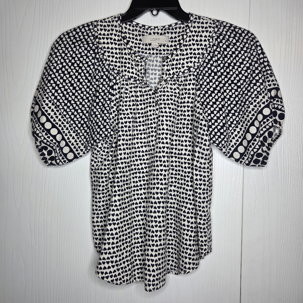 LOFT Navy Blue & White Heart-Print Puff Sleeve Blouse-Size XS Petites